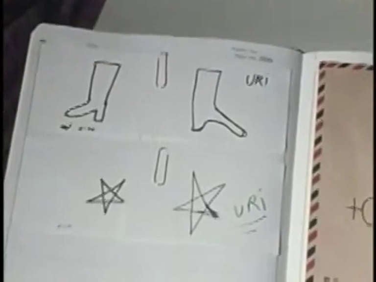 Planche de comparaison des expériences de dessin du SRI : à gauche les cibles (une botte, une étoile), à droite les reproductions d'Uri Geller signées de son prénom