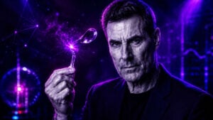 Uri Geller tenant une cuillère dans sa main et la pliant grâce à la supposée télékinésie