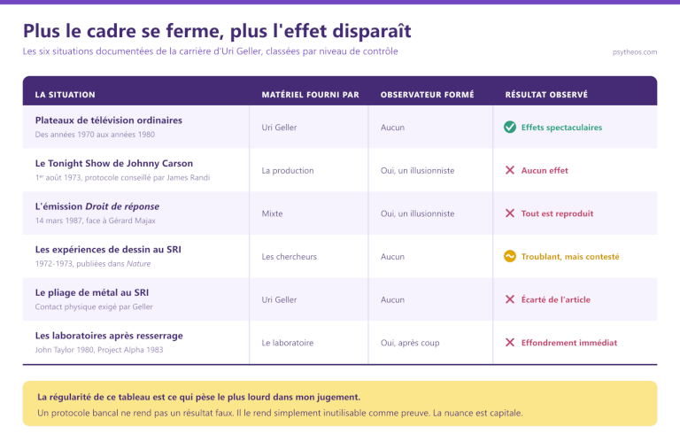 Tableau comparant les résultats d'Uri Geller selon le niveau de contrôle : plateaux TV, Tonight Show, Droit de réponse, expériences de dessin au SRI, pliage de métal et laboratoires après resserrage des protocoles